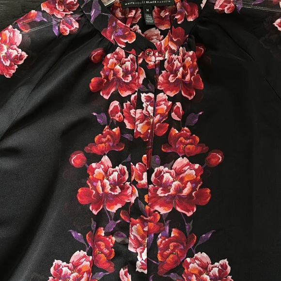 WHBM Blouse Top Sheer Black Red Floral Long Sleeve Work Office  sz M - Picture 12 of 12